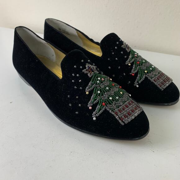 Vintage Karen Scott Black Velvet Christmas Tree Flats Beaded Size 8B Holiday - Picture 2 of 12